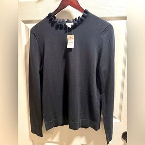 NWT: J. Crew black, long-sleeved, cotton sweater w/ ruffled collar. Size: Medium